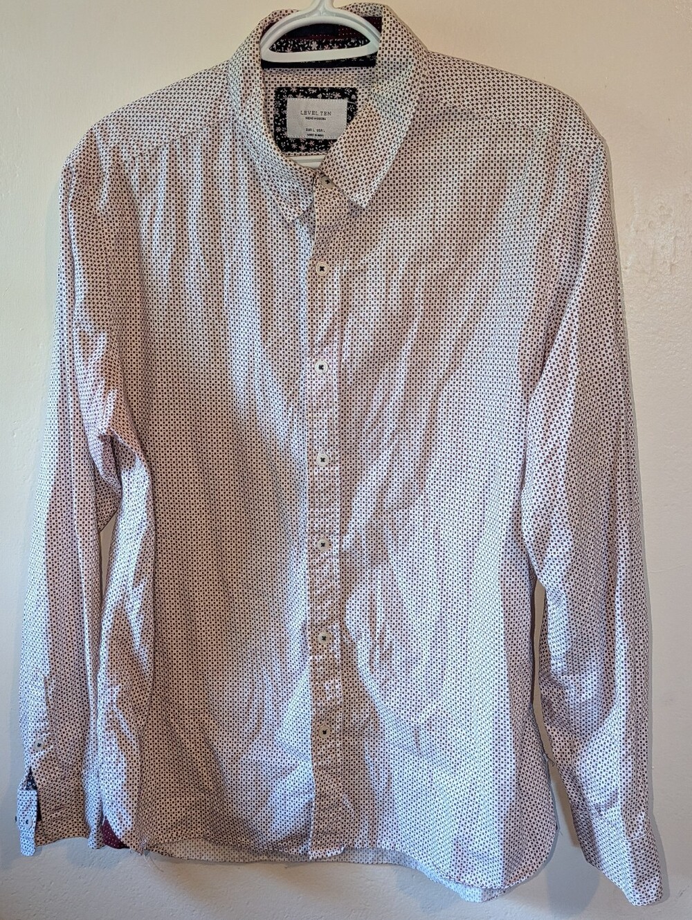 LEVEL TEN White Button-Down Shirt with Red Microdots